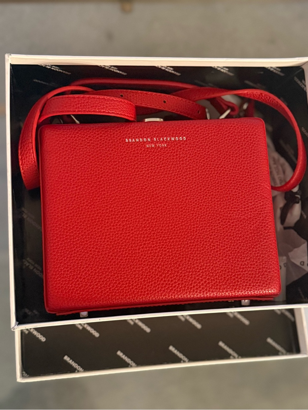 Brandon Blackwood Red Pebbled Leather Square Crossbody